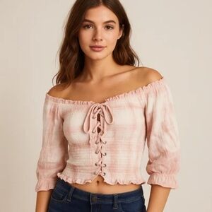 American Eagle Lace Up Dainty Romantic Cottage Top Boho Coquette Small Milkmaid